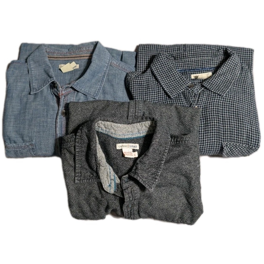Carbon2Cobalt Mens Shirt Lot 3 Large Button Up Chambray Plaid Casual Cotton